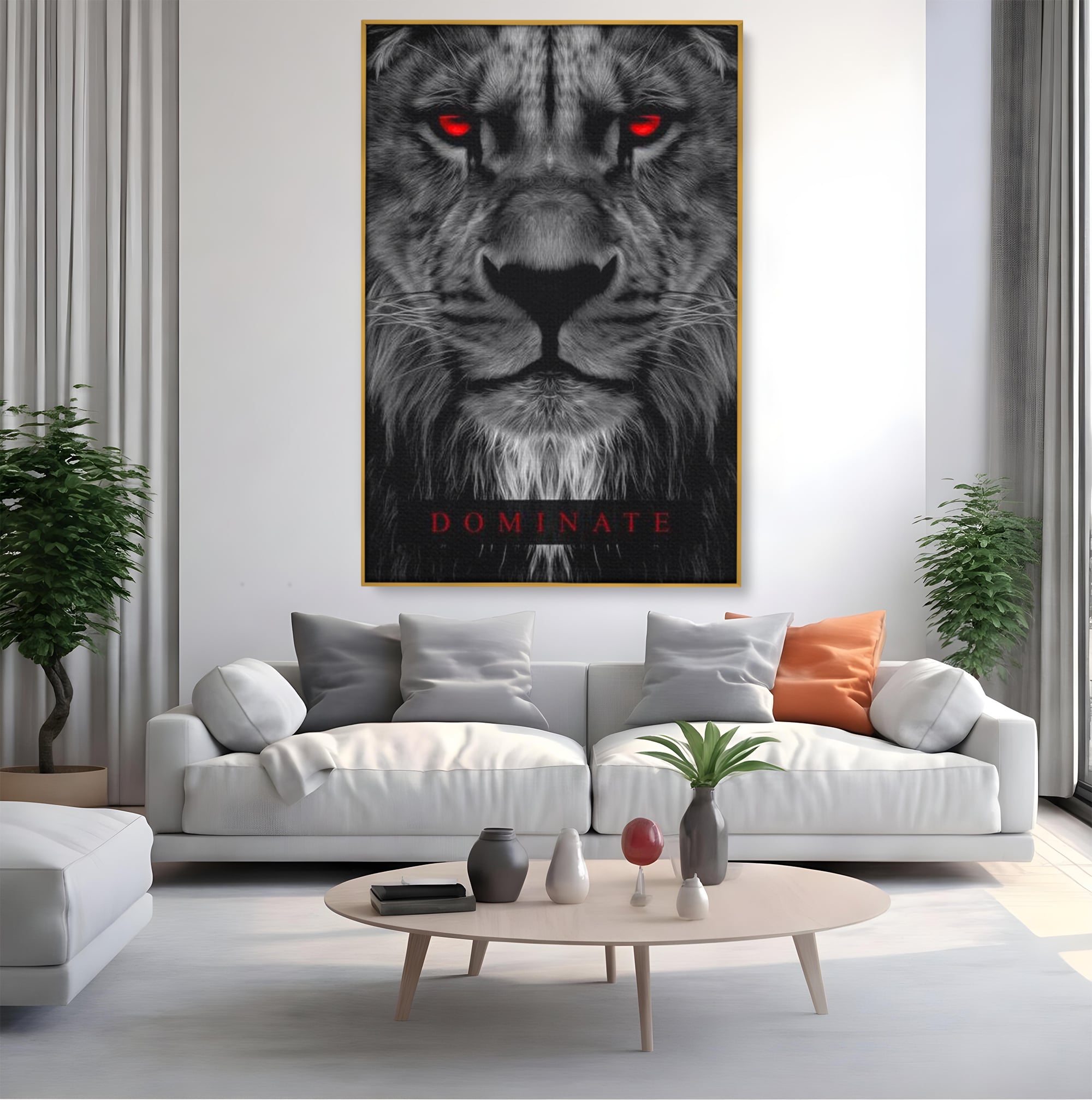 Tablou canvas cu tablou canvas cu leu alb-negru, in rama de aluminiu auriu, pe perete intr-un living